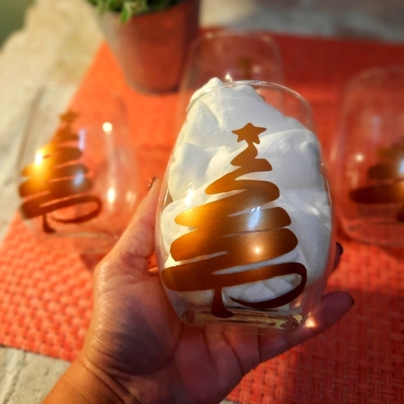 Bronze Christmas Tree Stemless Wine Glasses Set of 4 Holiday - Picture 1 of 7